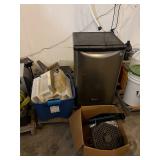 Lot with mini fridge, rolling dollies and forms