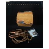 Large lot of copper bracelets Wood ring Wood box