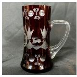 Ruby cut-to-clear glass mug deer Czech Republic