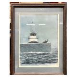 Watercolor painting of tugboat and geese