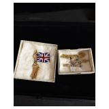 Lot of brooches British flag and spoons forks