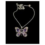 Silver-tone purple rhinestone butterfly necklace