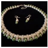 Green & white faux pearl necklace & earring set