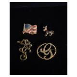 Lot of 4 brooches 2 Gs donkey and American flag