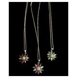 Lot of 3 silver tone flower pendant necklaces