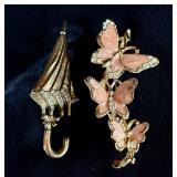 Lot of 2 lovely brooches butterflies umbrella