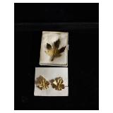 Leaf jewelry brooch and clip earrings