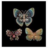 Lot of 3 rhinestone butterfly brooches