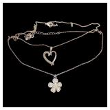 Lot of 2 silver tone necklaces flower and heart
