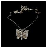 Silver-tone white rhinestone butterfly necklace