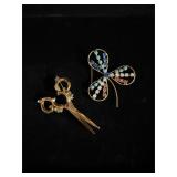 2 large brooches  scissors, and Shamrock