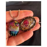 Glass art necklace and brooch. 1 reverse painting