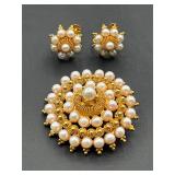 14k gold and pearl brooch and earrings set