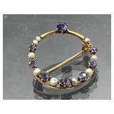 14k gold sapphire and seed pearl pin