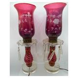 Vintage Cranberry Glass hurricane lamps with prism