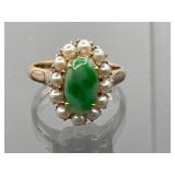 14K gold Jade and pearl ring