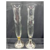 Weighted sterling silver & etched glass bud vases