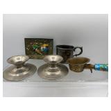 Pewter candlesticks enamel items and cup