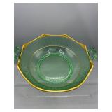 Green Uranium glass handled bowl with gilded rim