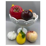 Milk glass compote with glass fruit & vegetables