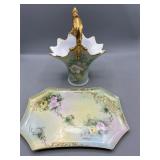 Vintage hand painted basket vase & tray