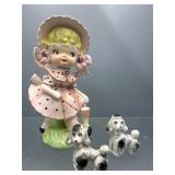 Vintage Japan girl walking poodles figure