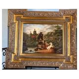 Signed painting on board of castle and horse