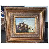Signed Harbor scene oil on canvas painting