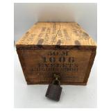 Antique wooden advertising storage box with lock
