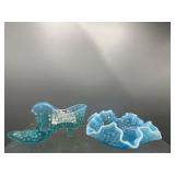 Fenton blue opalescent hobnail shoe & dish