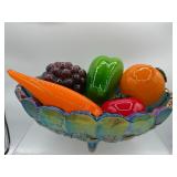 Carnival glass bowl with glass fruit