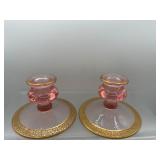 Vintage pink depression candle holders