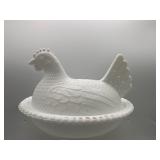 Vintage milk glass  Hen on the nest covered dish