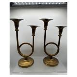 Vintage French horn brass candle holders