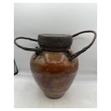 Vintage Pottery vessel with woven lid