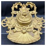 Antique cast brass ink well stand