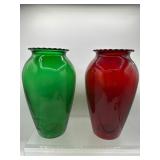 Vintage Ruby Red & Green glass Vases