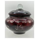 Vintage Bohemium Ruby red cut glass lidded jar