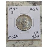 1947 S Silver Quarter K-22