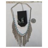 Silvertone 16'Double Necklace w Enameled Earrings