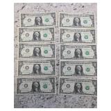 10 - 2021 Uncirculated $1 Bills  Crispy 12-76