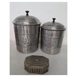 Cannisters, silver plate jewelry box. 45-46