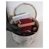 hatbox full of leather for sewing. 45-66