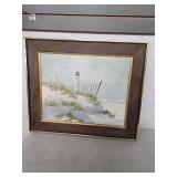 lighthouse oil painting, 26in wide, 22 tall. 45-21
