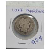 1914 Barber silver quarter. 12-2