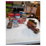 Coca-Cola tins, puzzles, wood cars. B-79