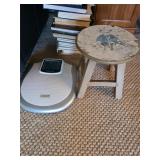 weight scale and vintage stool. D79