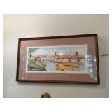Framed watercolor of an Italian city, signed. D243