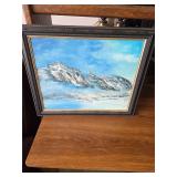 Framed signed oil painting of mountains. N6