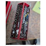 Metal caddy full of sockets and more. 20-38